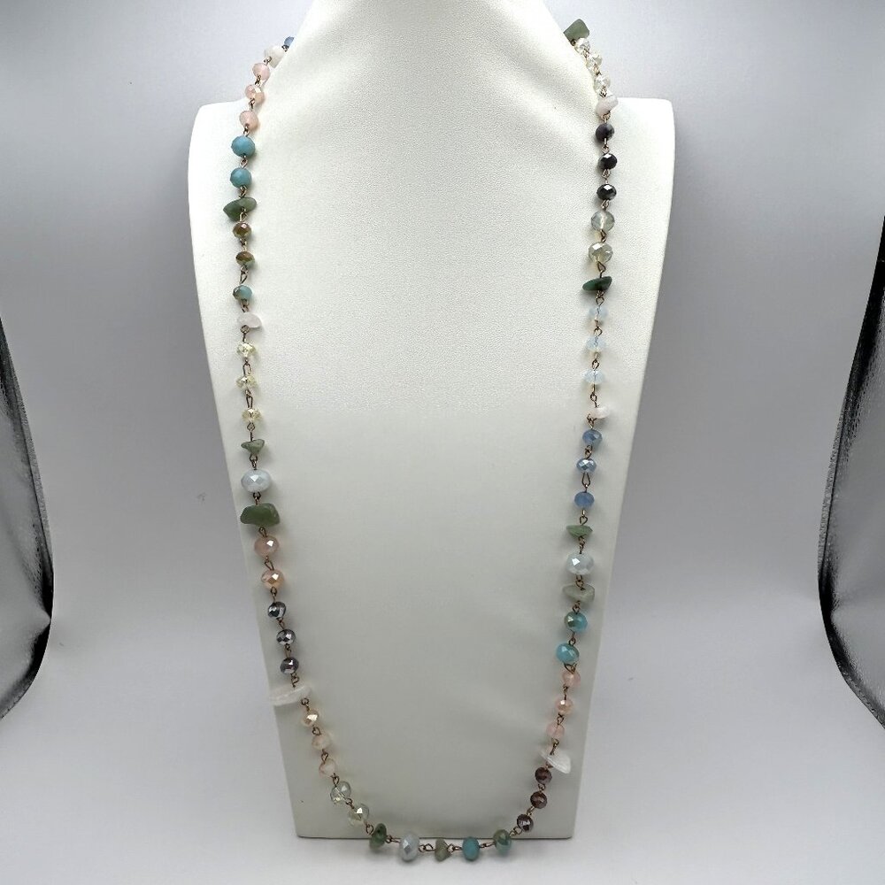 Jadeite Quartz AB Glass Beaded Necklace Opera Length Boho Layering 39 in